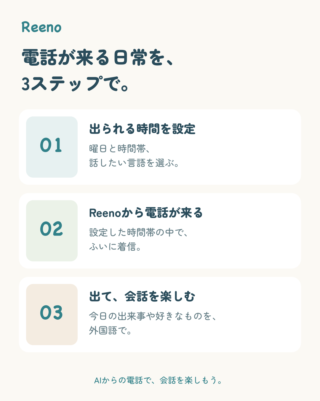 使い方の3ステップ。出られる時間を設定、Reenoから電話が来る、出て会話を楽しむ。